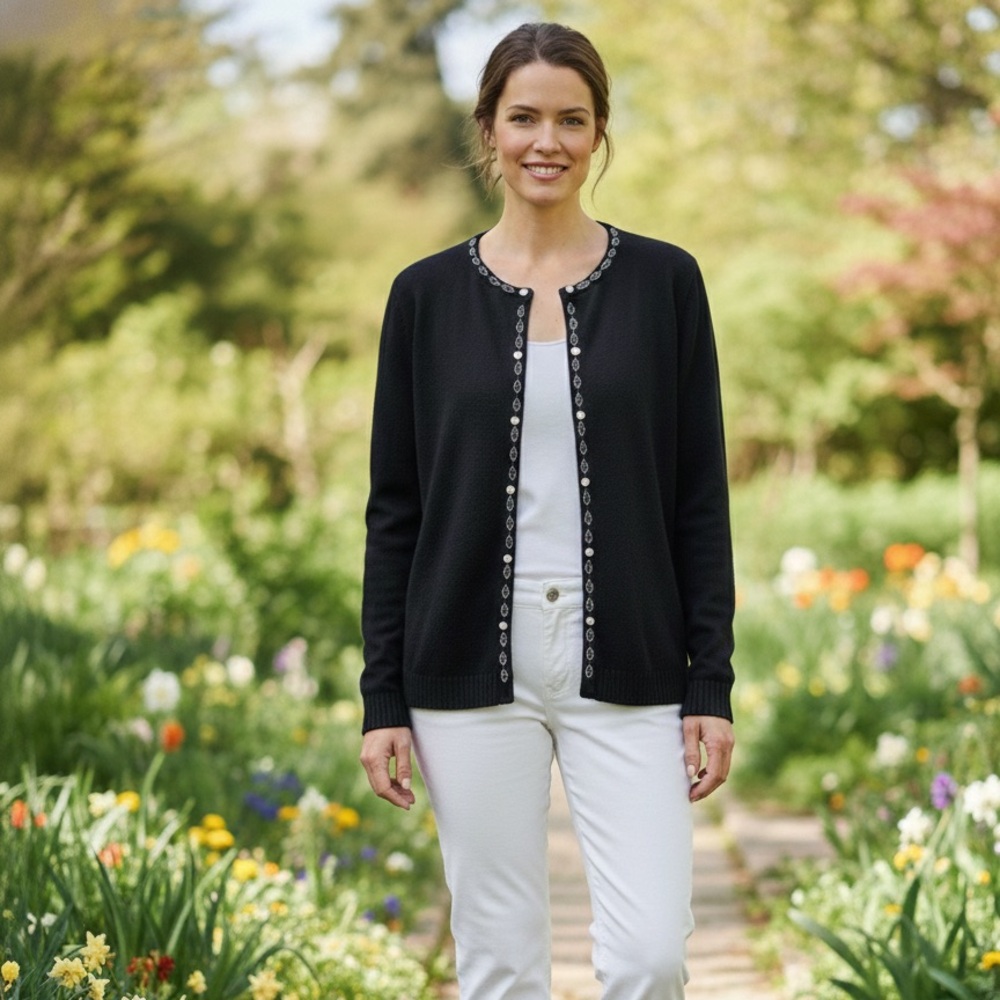 Black Cardigan with beaded trim feels like cashmere